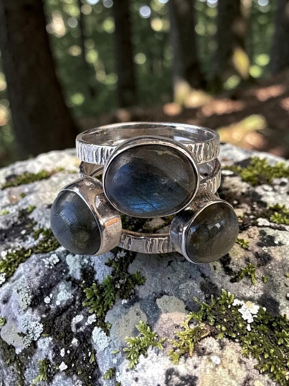 Vintage Sterling Silver Labradorite Stone Triple Cabochon Ring Split Band Modern